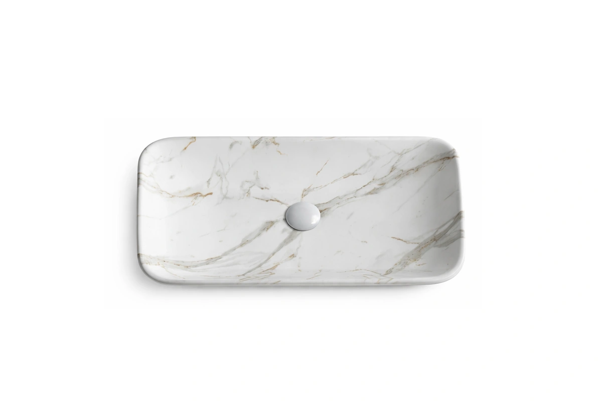 Architectural wall-mounted rectangular sink with a seamless sloped floor and a minimalist linear drain