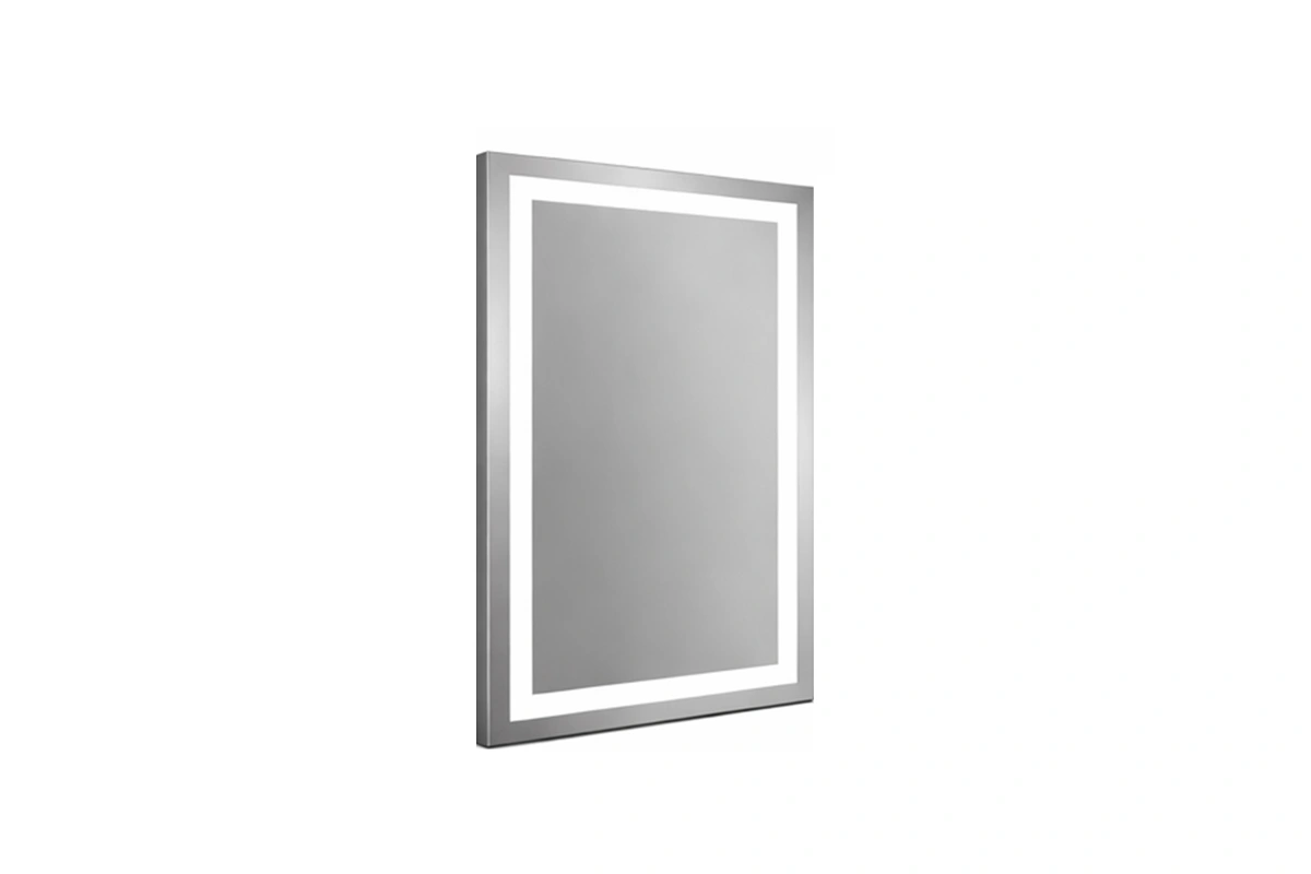 Sleek hospitality-grade mirror with a stylish frame and perimeter LED lighting for boutique suites