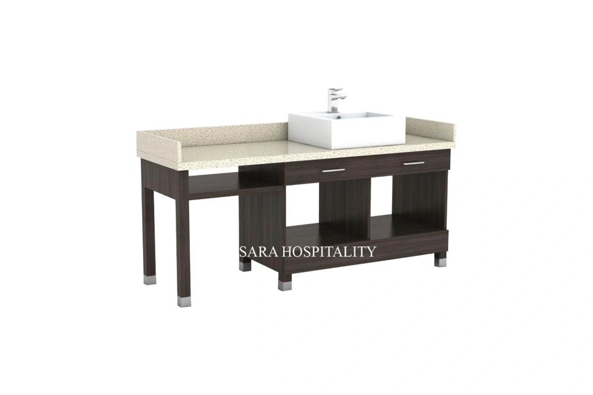 Modern single basin vanity featuring an integrated solid-surface bowl and a clean, streamlined counter