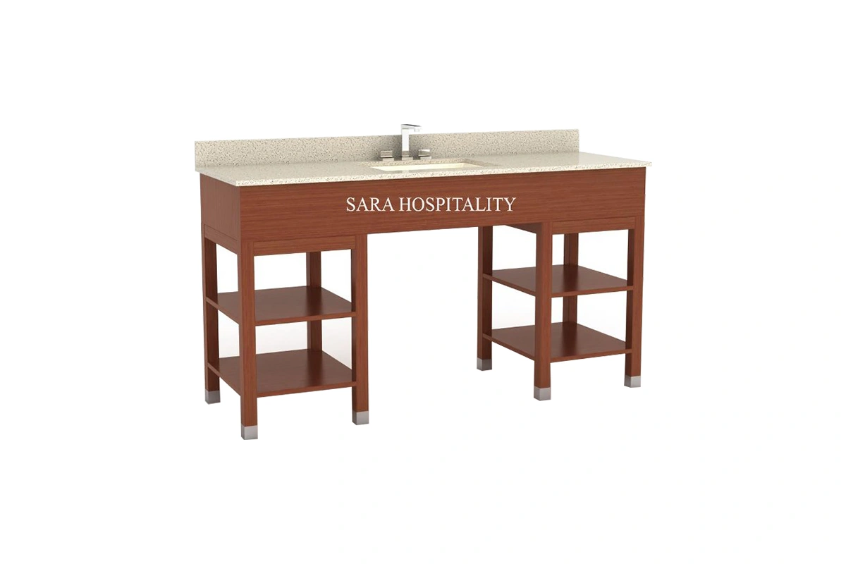 Modern slatted shelf vanity top featuring an integrated solid-surface basin and a clean-lined architectural framework with an open slatted lower storage tier.