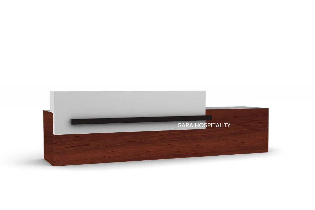 Minimalist cantilever-shelf reception station offering a spacious, highly durable main work surface underneath a clean, low-maintenance floating top ledge