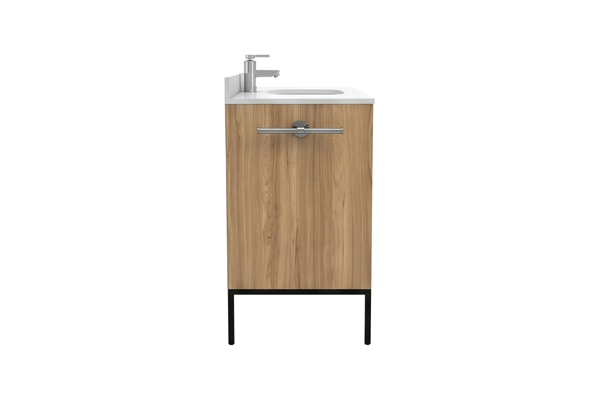 Minimalist storage vanity station offering an expansive, clutter-free upper deck and dedicated compartments for bathroom essentials
