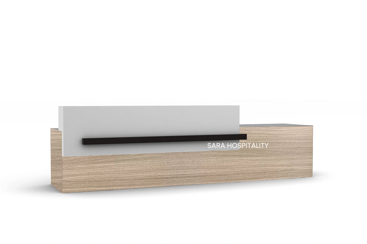 Contemporary linear floating-shelf counter with a sturdy monolithic base offset by an elevated, floating surface designed for smooth guest interactions