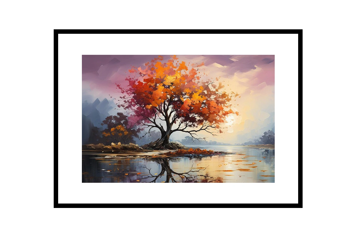 Modern framed landscape painting featuring rolling hills and a soft, misty horizon