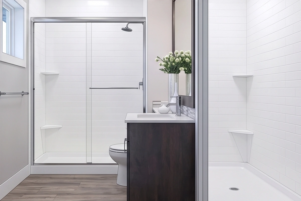 Minimalist space-optimizing surround unit offering high-impact moisture protection and a clean, uninterrupted visual flow across shared vanity and shower walls