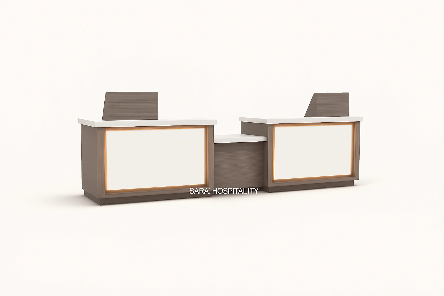 Contemporary double-workstation front desk with a sturdy monolithic base and dual transaction tops designed for simultaneous guest check-ins