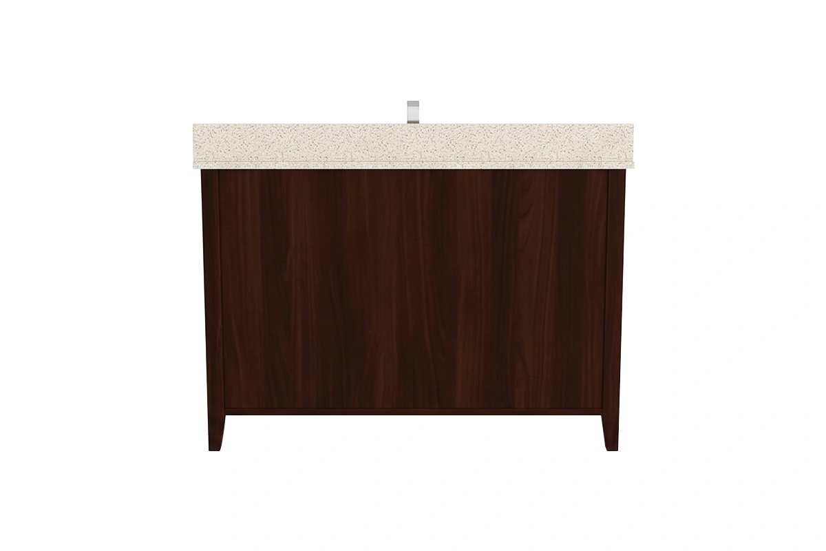 Minimalist geometric vanity station featuring a low-profile counter surface and a uniform, high-quality finish over a wide-open lower storage framework
