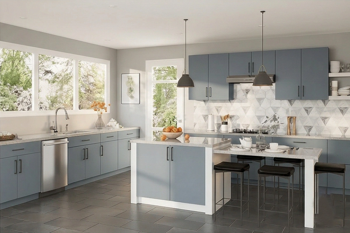 Contemporary open-concept cabinetry with handle-free doors and a low-profile design to maintain a spacious, unobstructed visual field