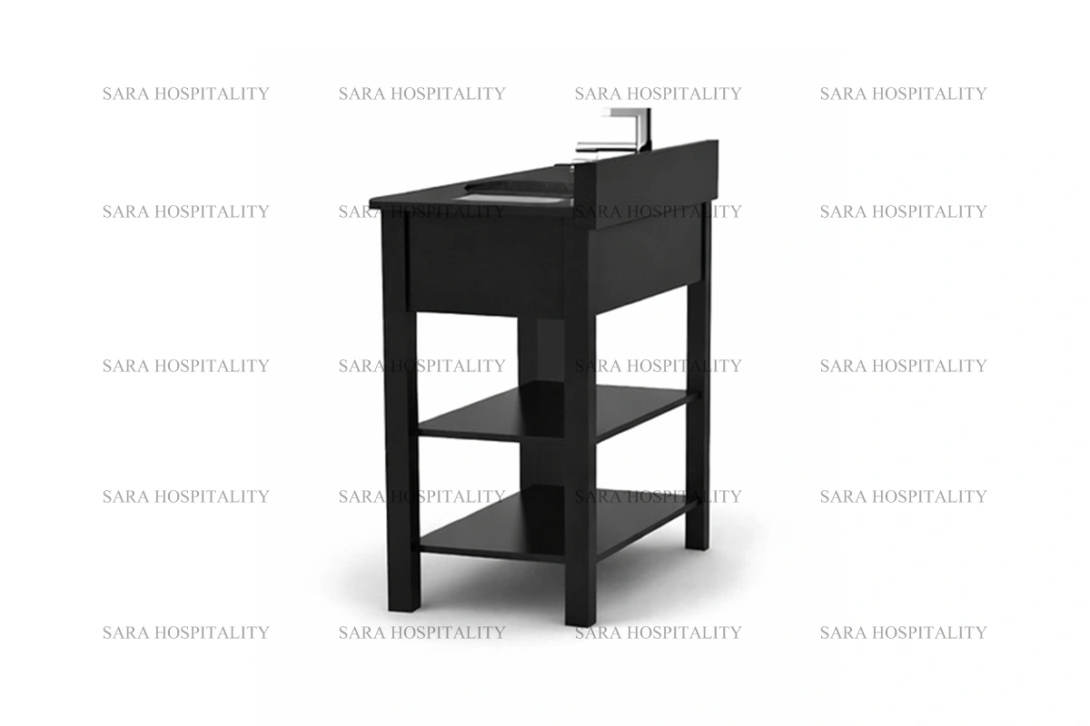 Sleek hospitality-grade straight edge vanity unit in a professional wood finish