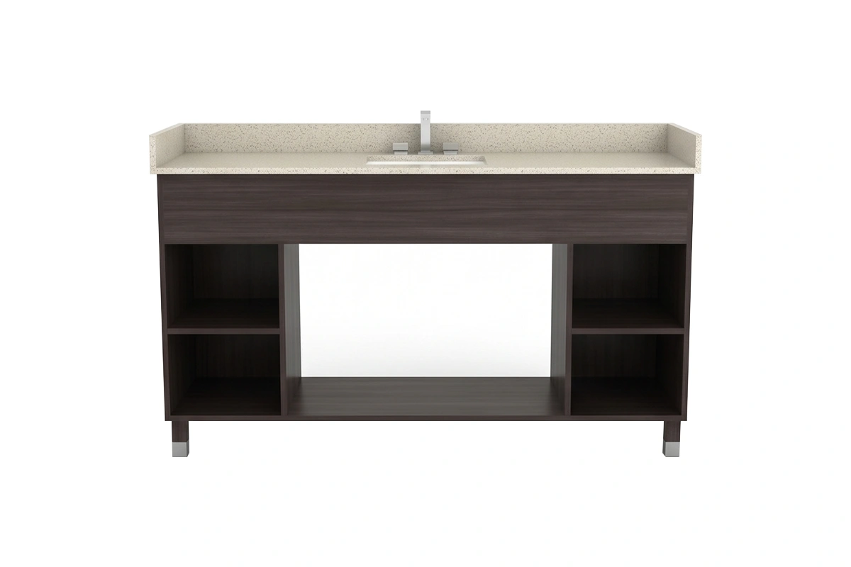 Sleek architectural vanity counter showcasing a symmetric two-drawer layout and a refined, minimalist silhouette for a balanced, upscale bathroom aesthetic