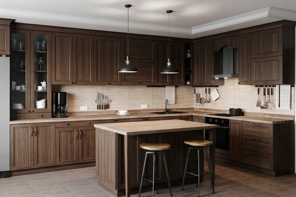 Sleek architectural kitchen showcasing continuous cabinetry along three sides for a high-efficiency, enclosed culinary space
