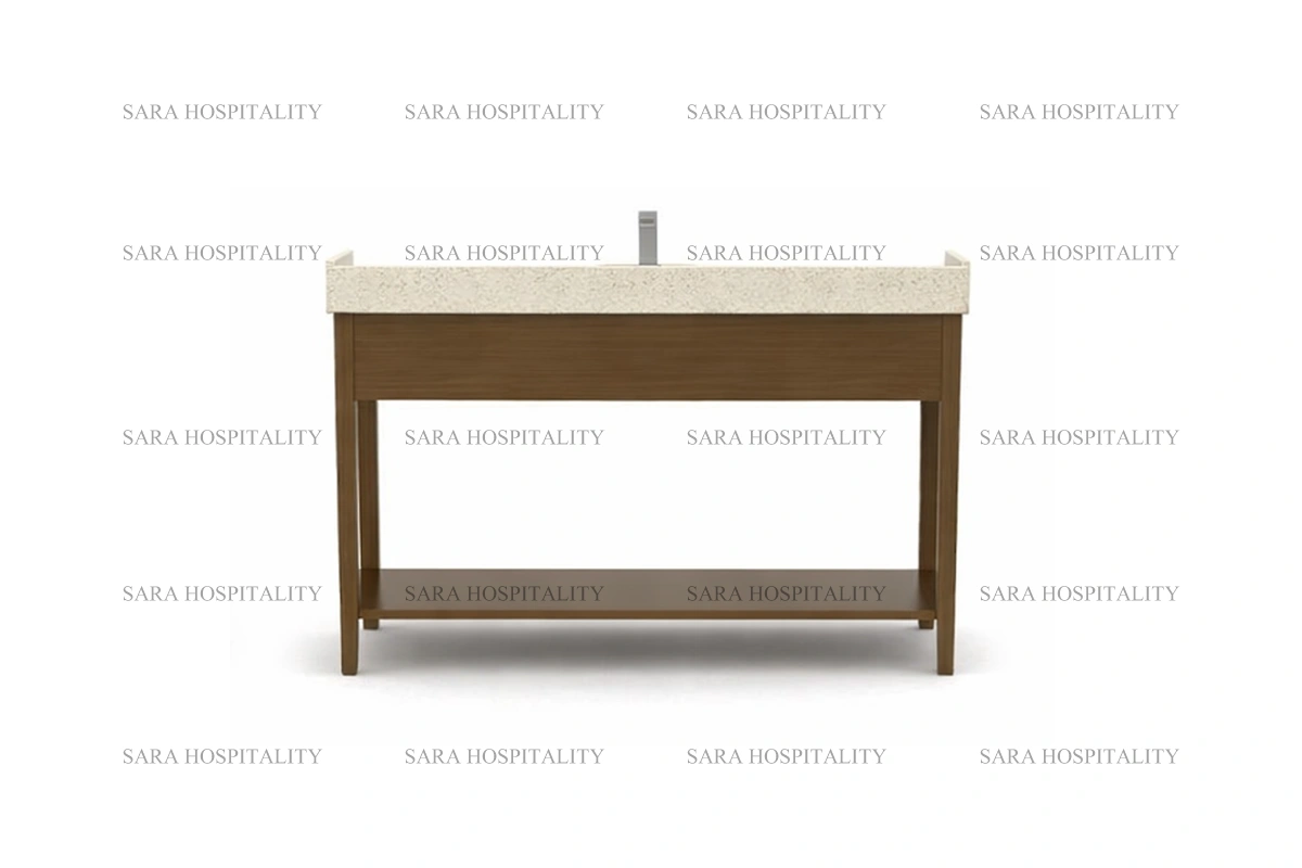 Sturdy dual shelf vanity base providing organized storage for smaller resort washrooms