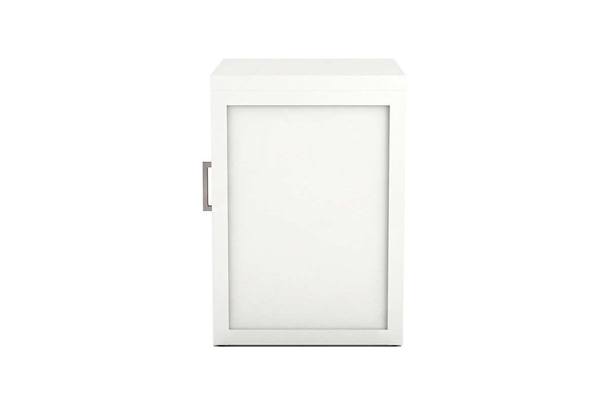 Minimalist right hand bedside table with high durability laminate finish and open lower shelf space