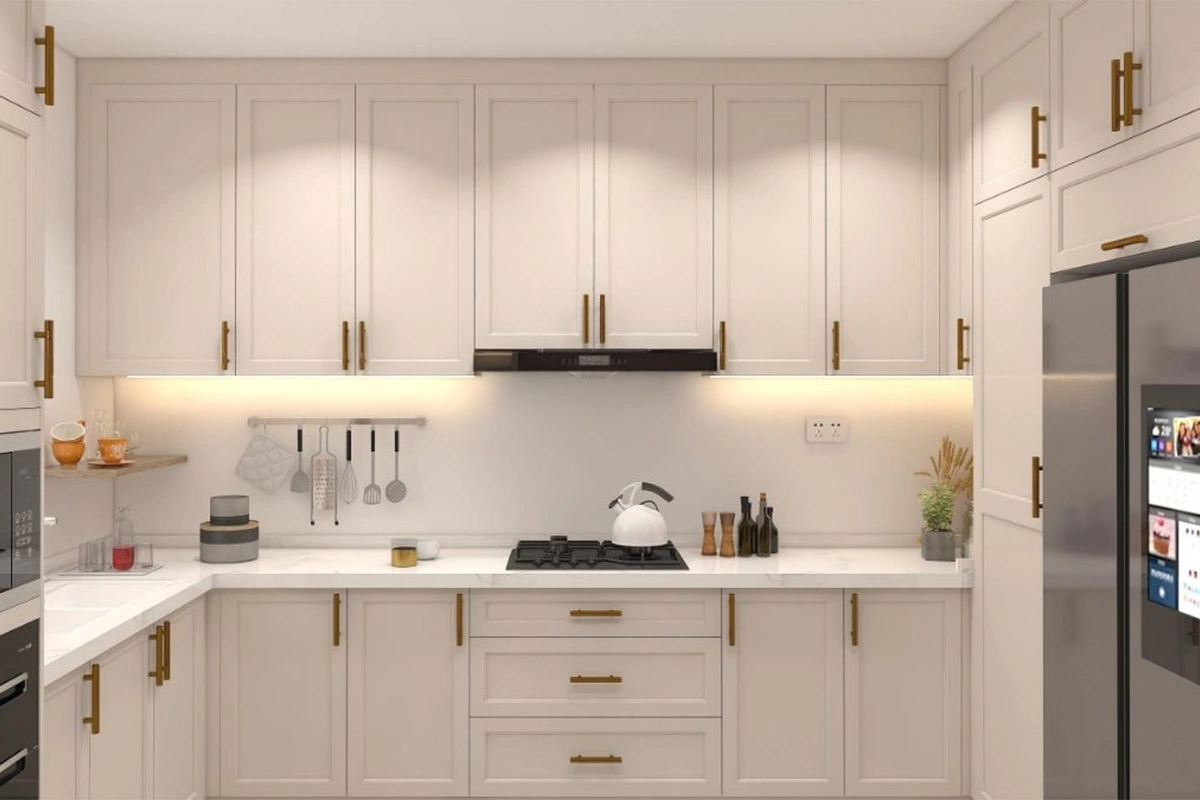 Modern minimal wall kitchen cabinet featuring a floating, handle-free design and a clean-lined, architectural silhouette