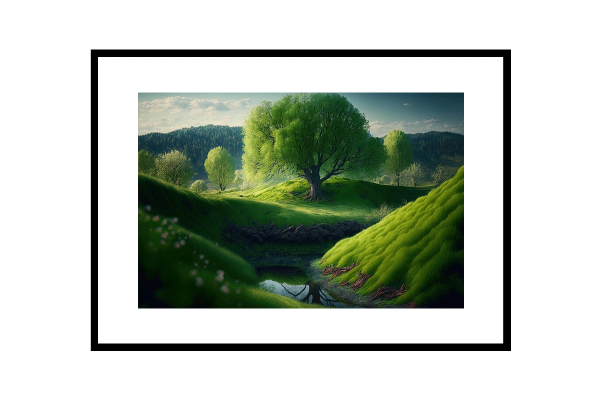 Modern valley artwork featuring lush greenery and a winding river path