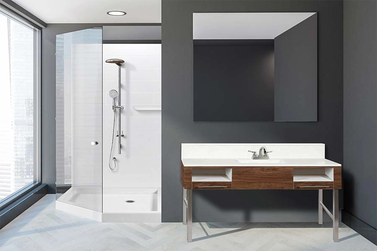 Modern partition wall surround featuring a double-sided solid-surface panel layout designed to clad both sides of a freestanding divider wal