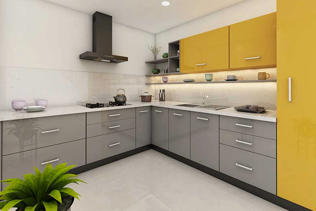 Modern compact corner kitchen cabinet featuring an L-shaped silhouette and space-saving storage solutions for small culinary areas
