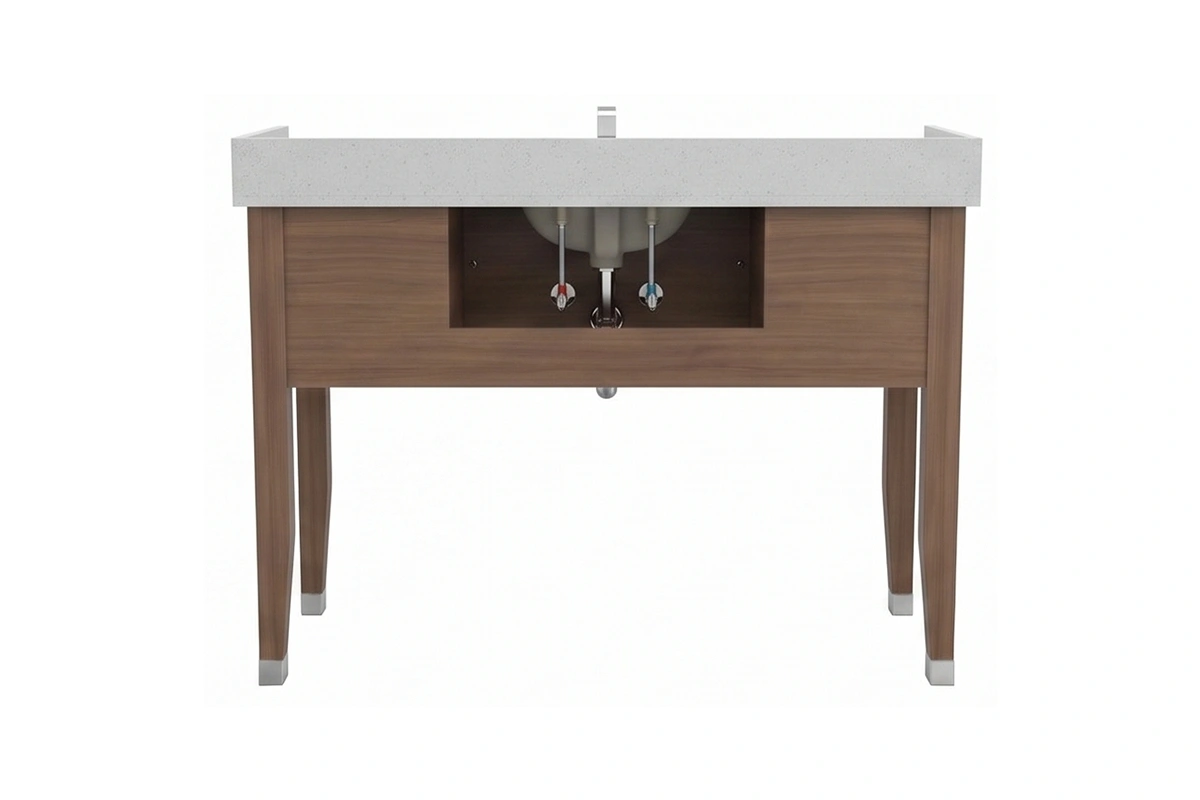 Contemporary thin-edge vanity unit with a lightweight monolithic top and a highly streamlined geometric silhouette