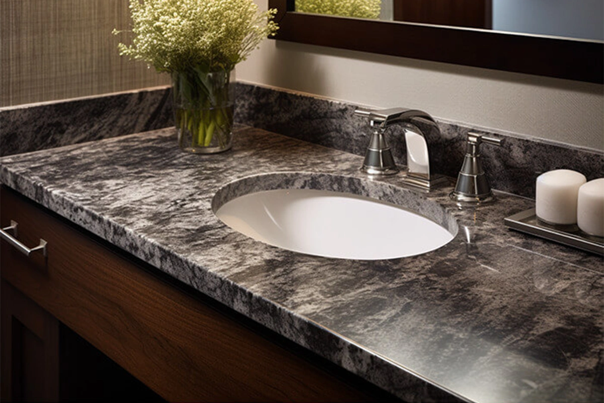 Luxurious deep-set granite vanity surface featuring a prominent mitered edge and a high-gloss natural stone finish