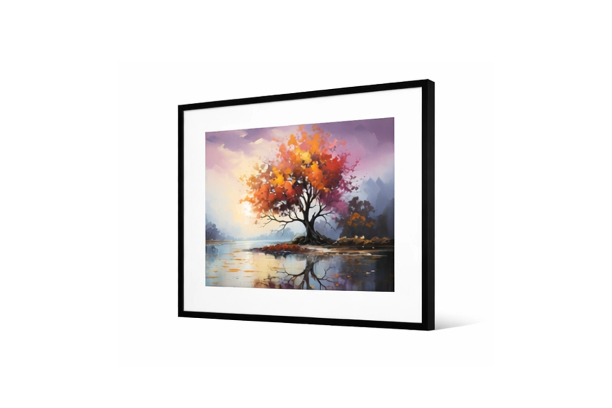 Contemporary scenic print with a wide-angle view of a calm, sunlit valley