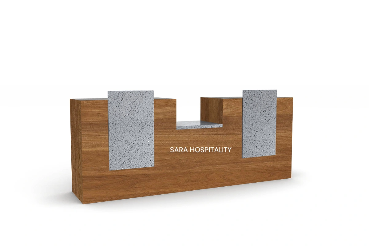 Sleek two-panel feature counter showcasing split-level surface paneling with integrated ambient LED backlighting and concealed wire-management channels