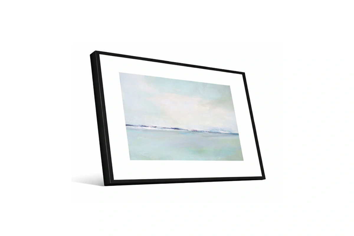 Minimalist seascape artwork showcasing a calm ocean in soothing shades of blue and sand