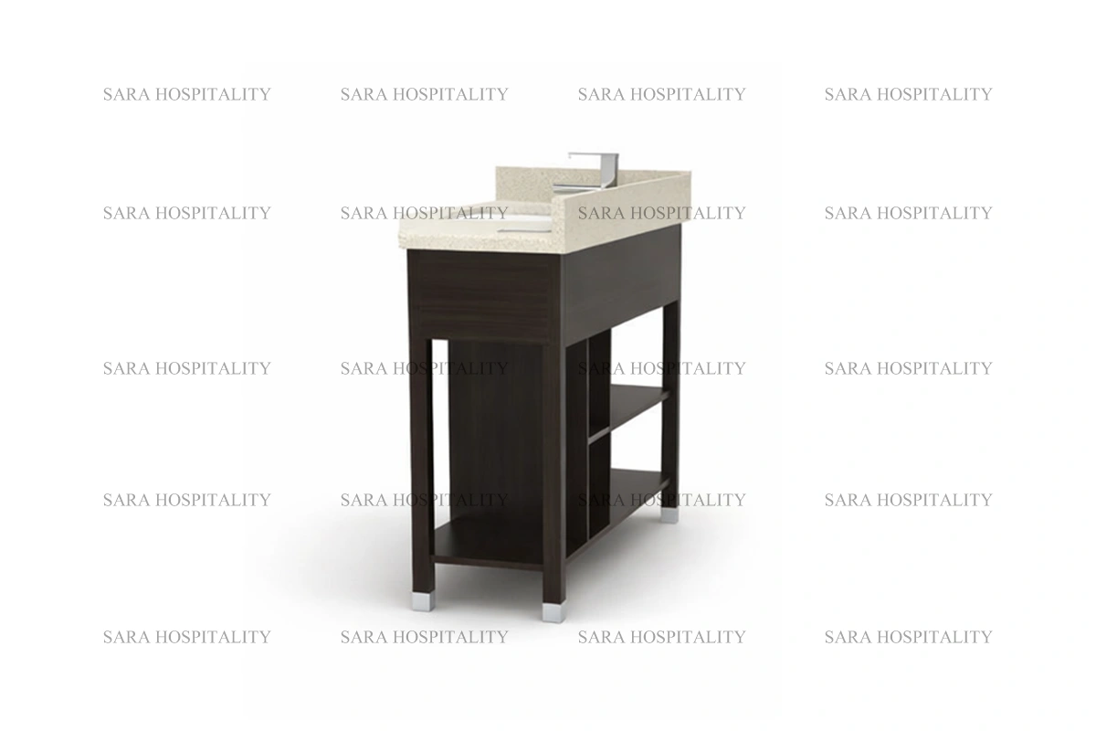 Sleek hospitality-grade grid frame vanity unit in a matte black finish for boutique suites