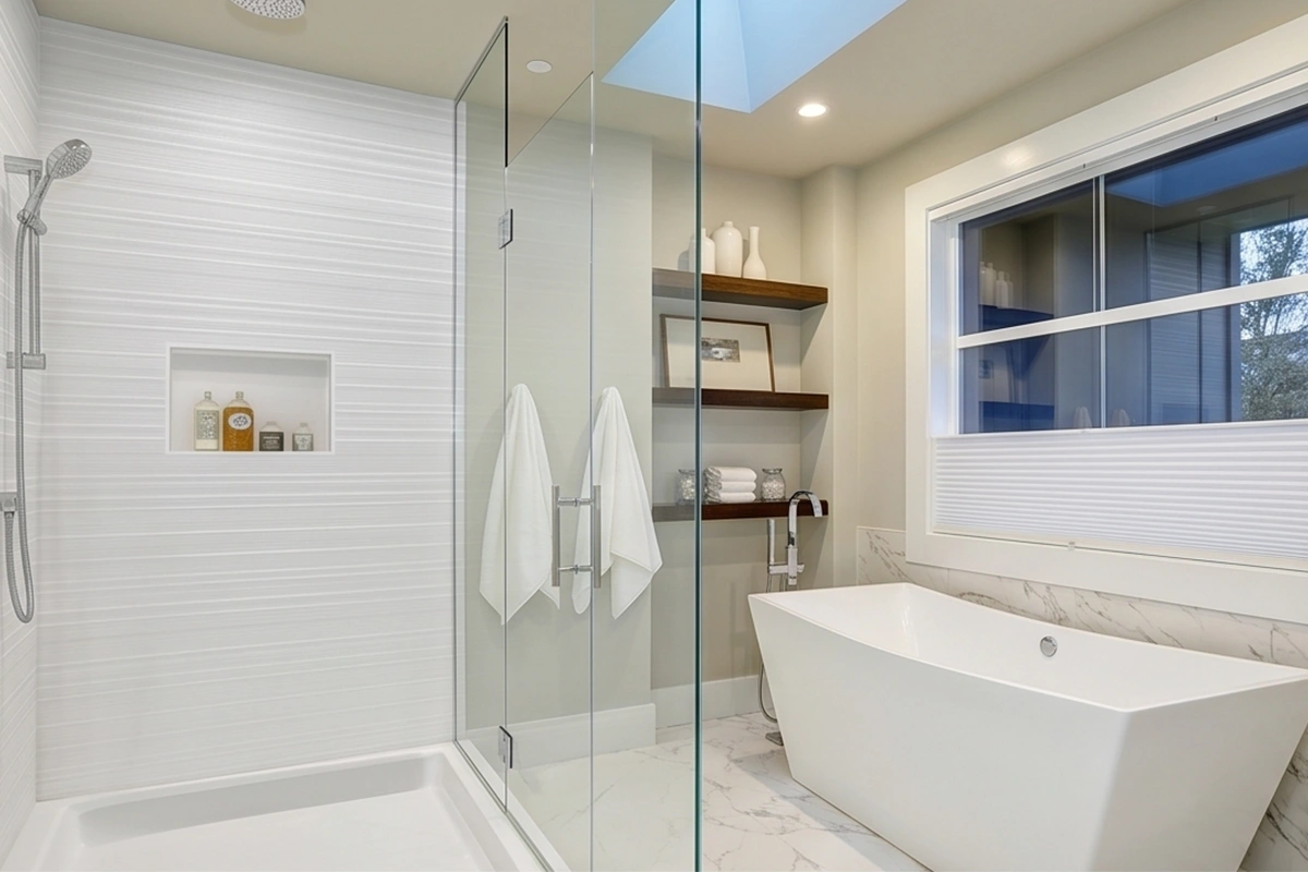 Minimalist diamond-fit surround station offering a crisp geometric backdrop and clean vertical lines tailored for corner walk-in setups