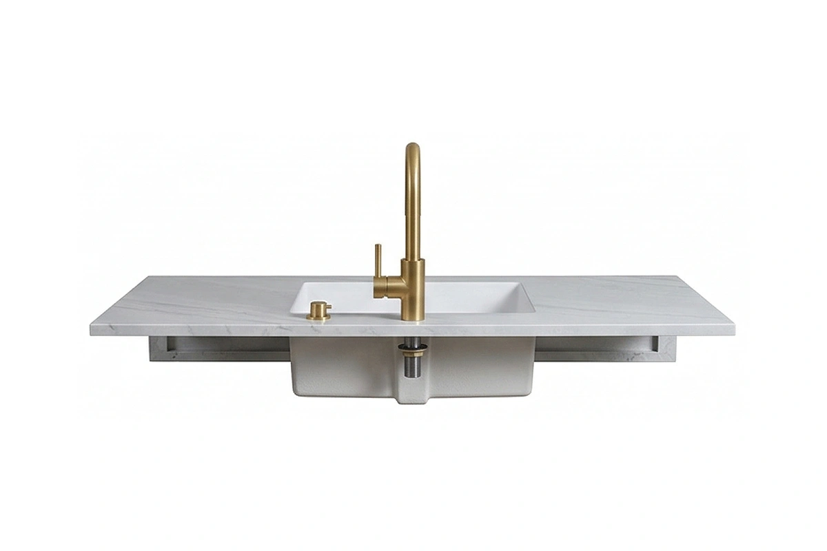 Minimalist solid-surface counter featuring a flush, built-in basin and a clutter-free, uniform finish that prevents grime buildup