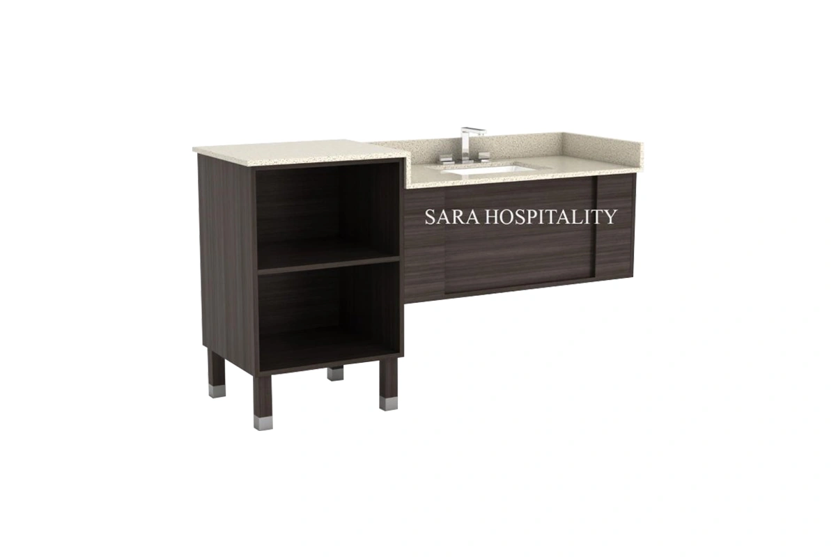 Modern compact cabinet vanity featuring an integrated basin and a narrow, space-saving enclosed base