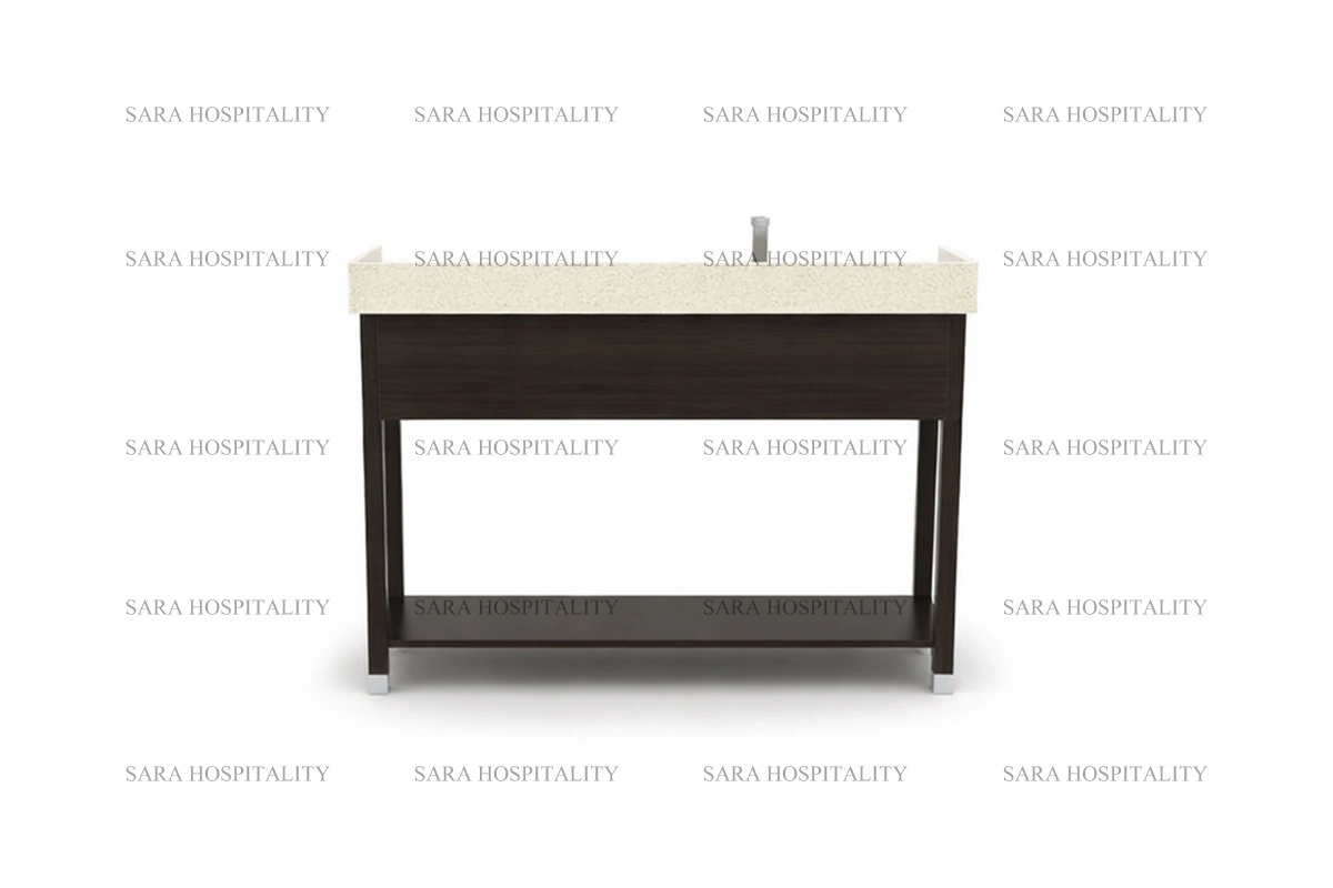 Sturdy grid frame vanity base for organized and accessible storage in luxury resort washrooms