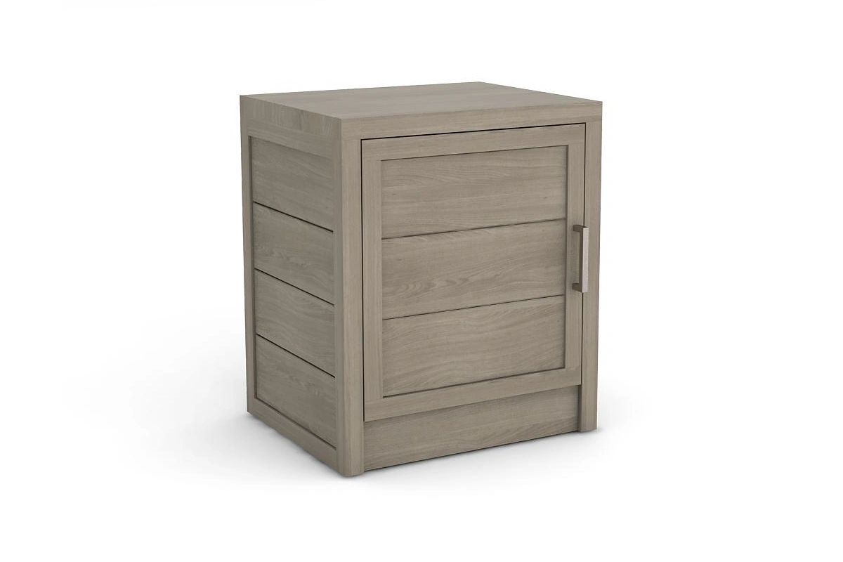 Modern Brown Nightstand: Rich wood-grain construction featuring a left-hinged cabinet door for seamless bedside access
