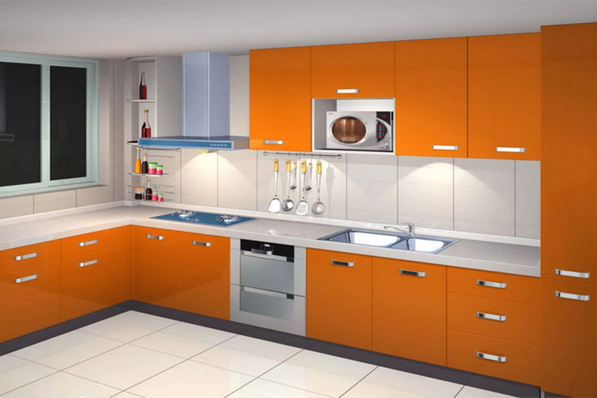 Modern straight-line kitchen cabinet featuring a seamless horizontal layout and a clean-lined, handle-free facade
