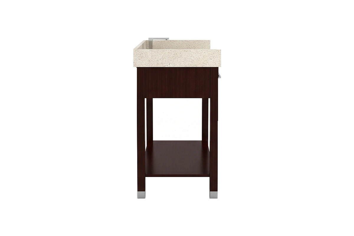 Contemporary open-base vanity counter with a sturdy, monolithic top and an exposed under-sink storage shelf for guest towels and amenities
