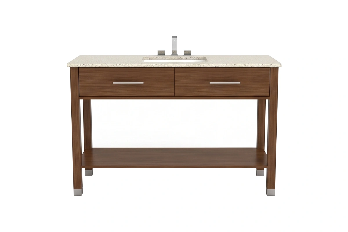 Sleek low-profile vanity counter showcasing an open under-sink base and a refined architectural silhouette that keeps tight spaces feeling airy