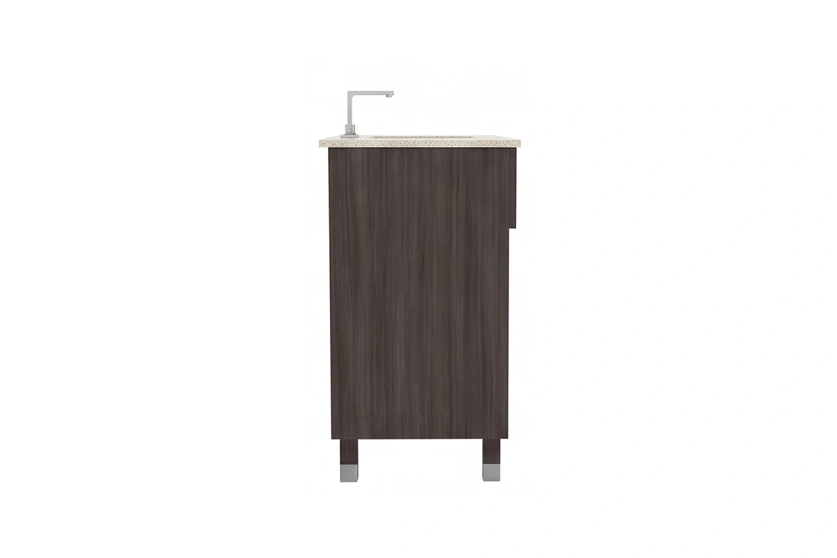 Sleek architectural vanity counter showcasing a seamless enclosed cabinet layout and a refined, minimalist silhouette that keeps bathroom essentials completely organized