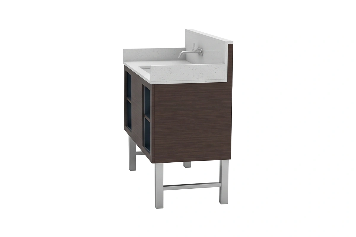 Minimalist practical vanity station offering a deep-well basin and an efficient, ultra-narrow outer border