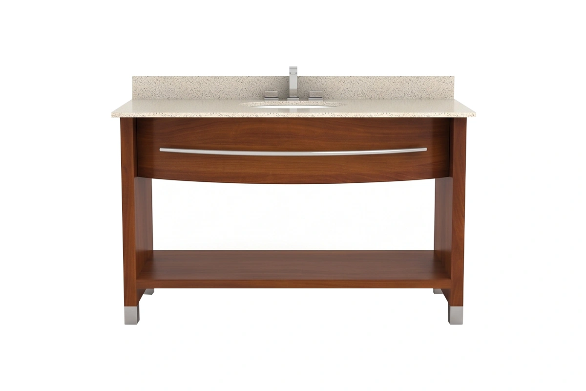 Sleek architectural vanity counter showcasing a smooth, flush apron-front facade and a refined, minimalist silhouette for a seamless look