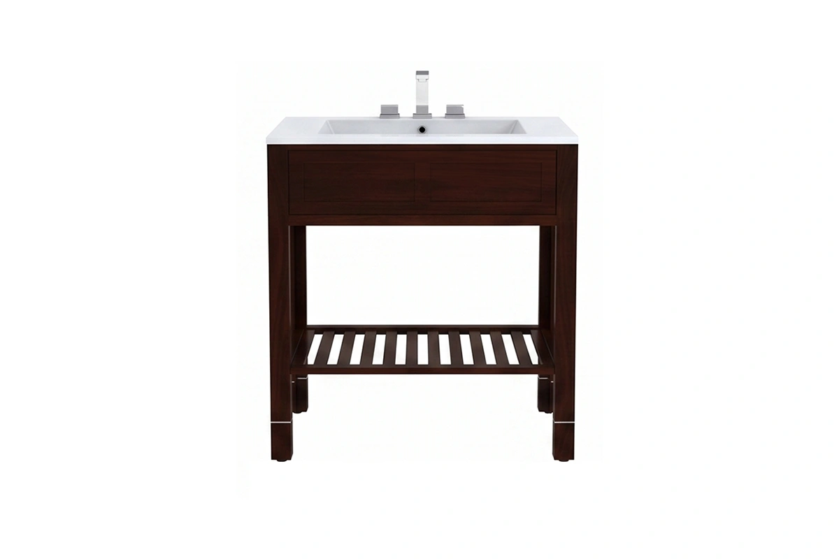Sleek hotel-style vanity unit showcasing a geometric lattice under-sink shelf and a refined, minimalist silhouette for a textured, breezy aesthetic