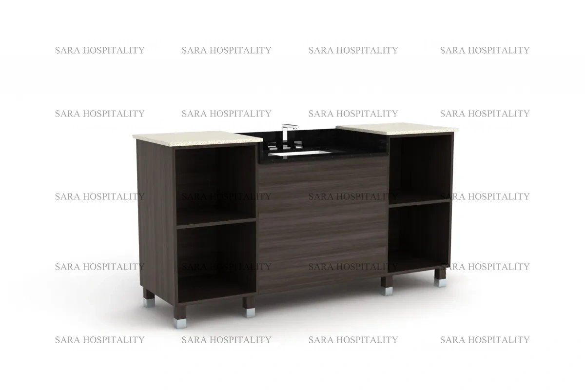 Modern side cabinet vanity base providing additional storage for hotel guest bathrooms