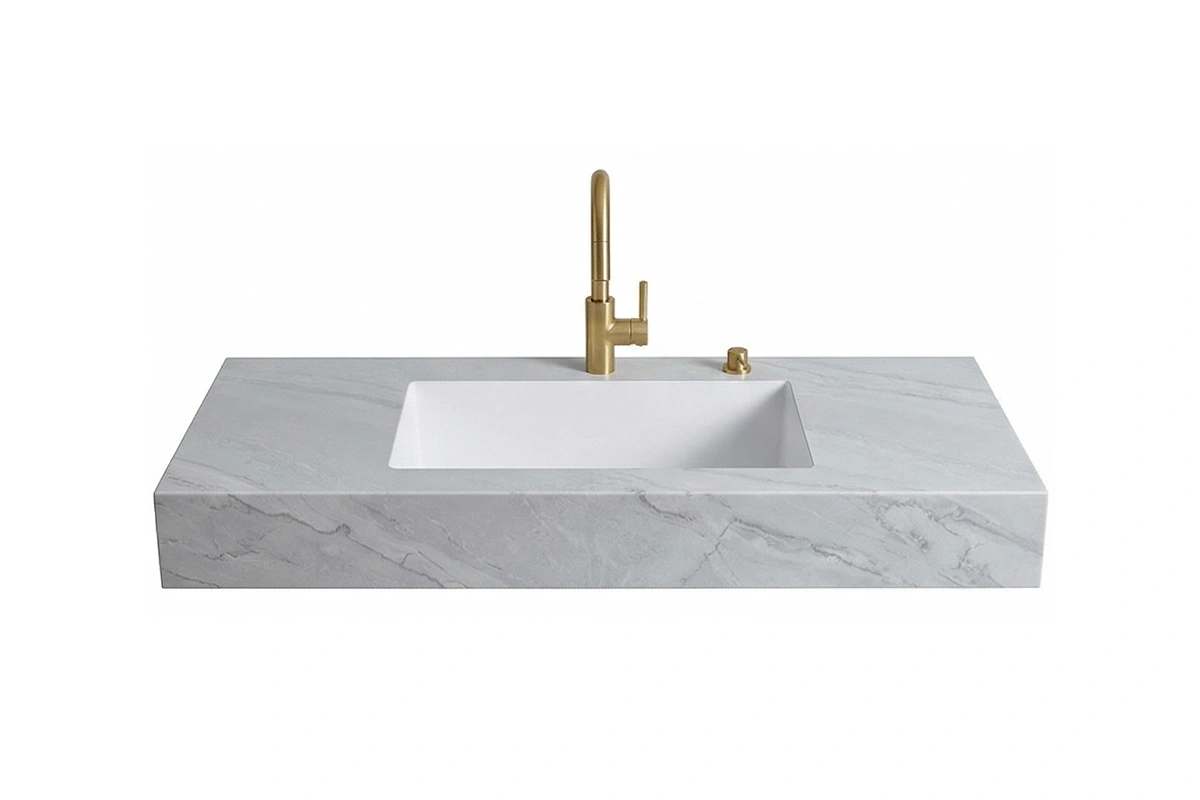 Sleek architectural counter showcasing a monolithic, handle-free design and an uninterrupted, clean-lined silhouette