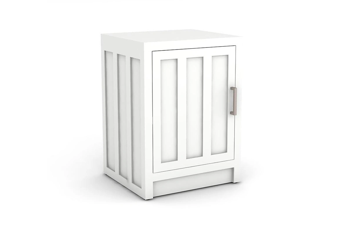 Modern bedside cabinet with a left hand door featuring clean lines and accessible bedside storage