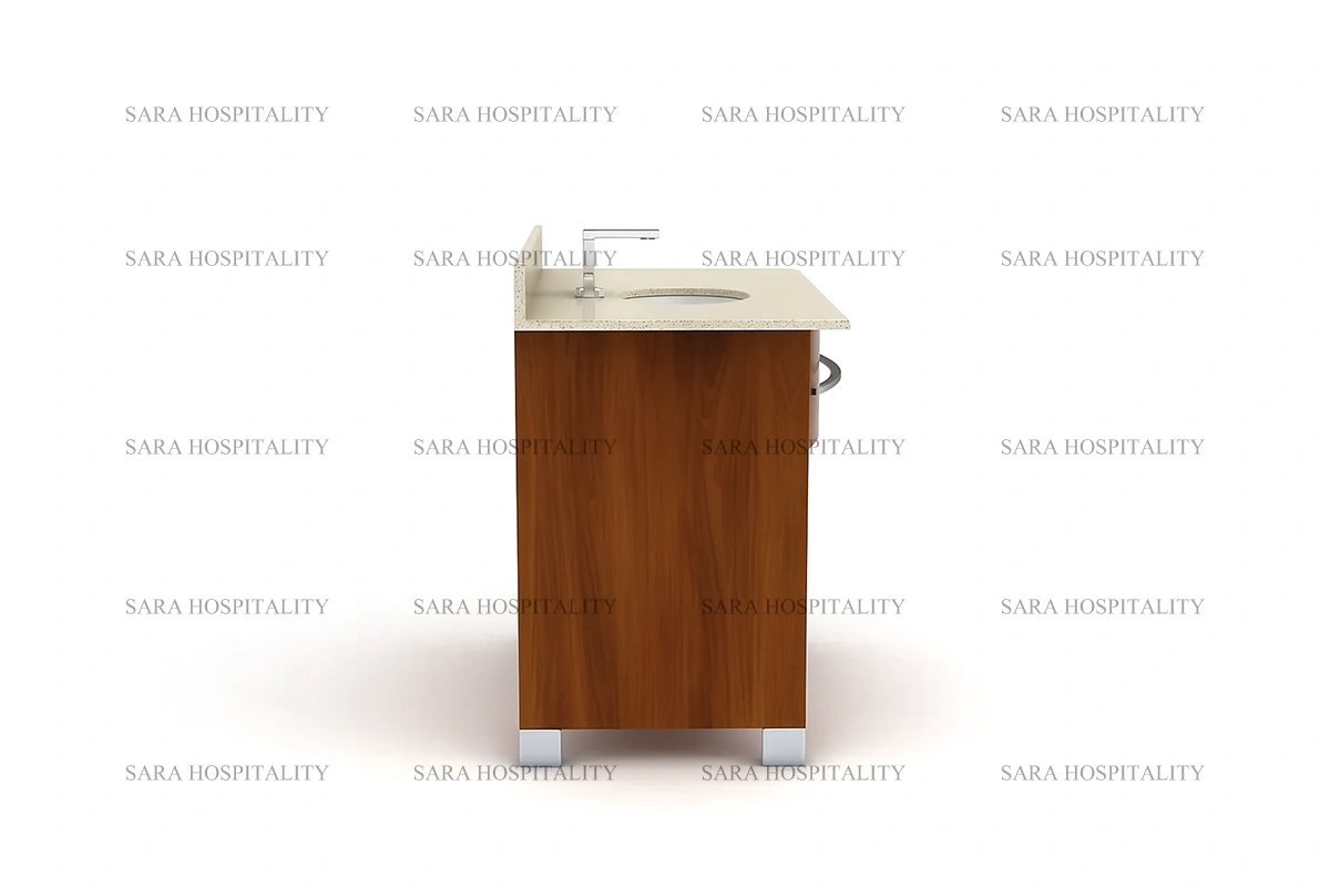 Bespoke curved front vanity base in a high-end wood finish for luxury boutique suites