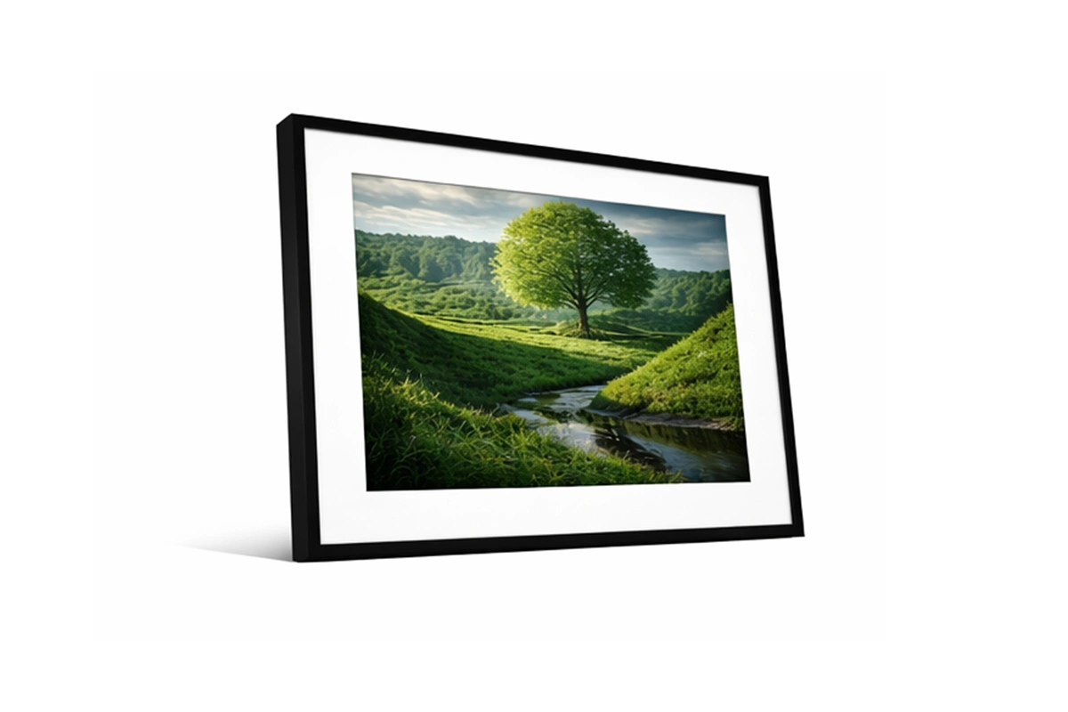 Minimalist landscape print showcasing steep mountain slopes and a sunlit basin