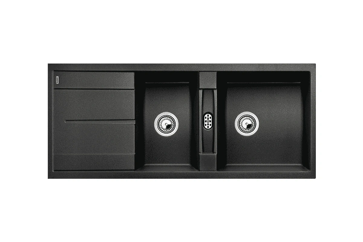 Modern double-bowl kitchen sink with a sleek stainless steel finish and an undermount installation