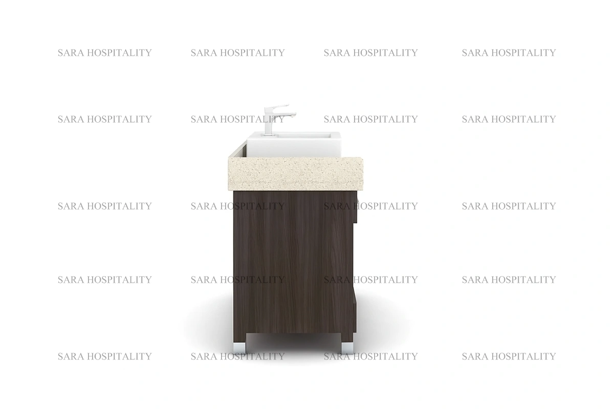 Modern hospitality-grade wide storage vanity unit in a professional wood finish