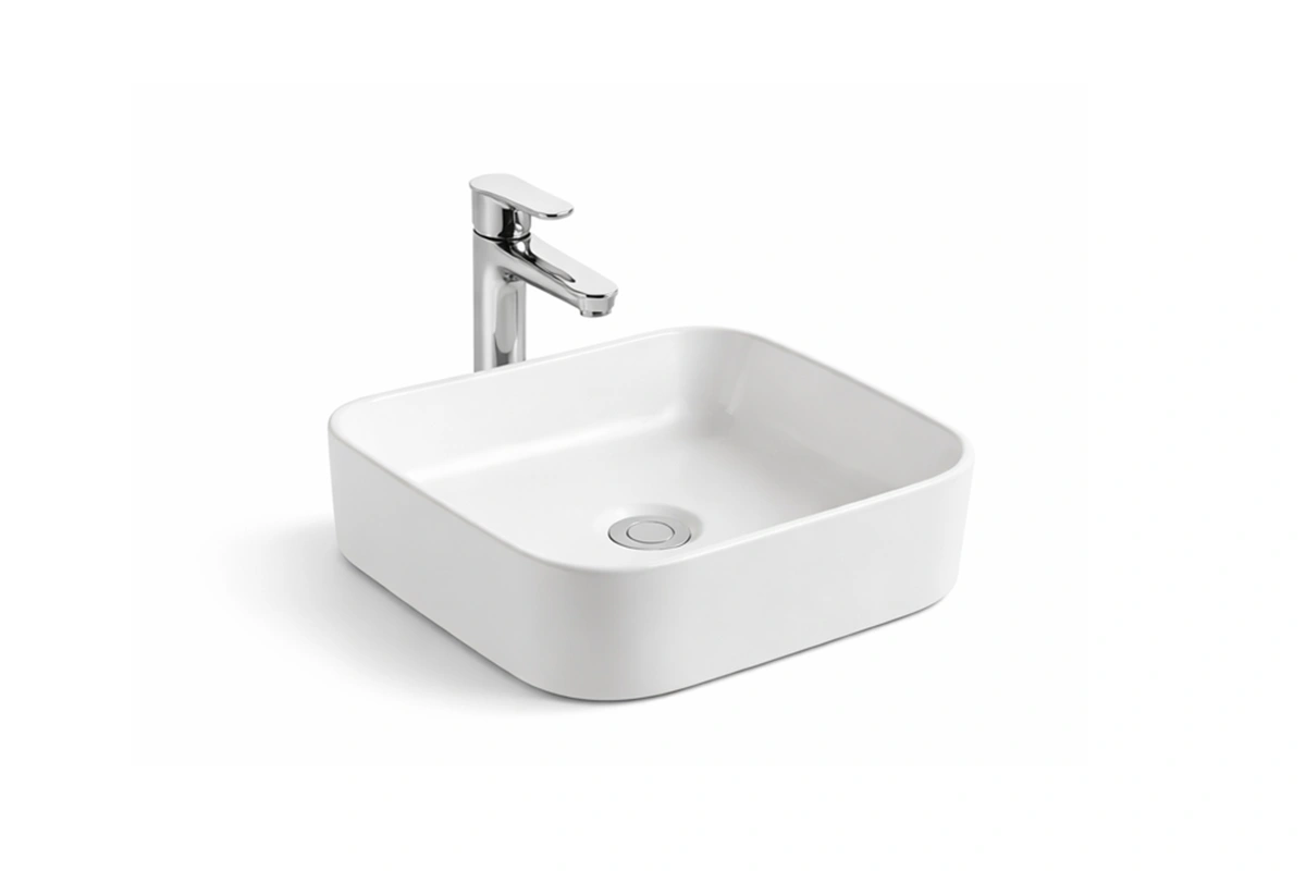 Modern square vessel sink featuring gently rounded corners for a softened, contemporary silhouette