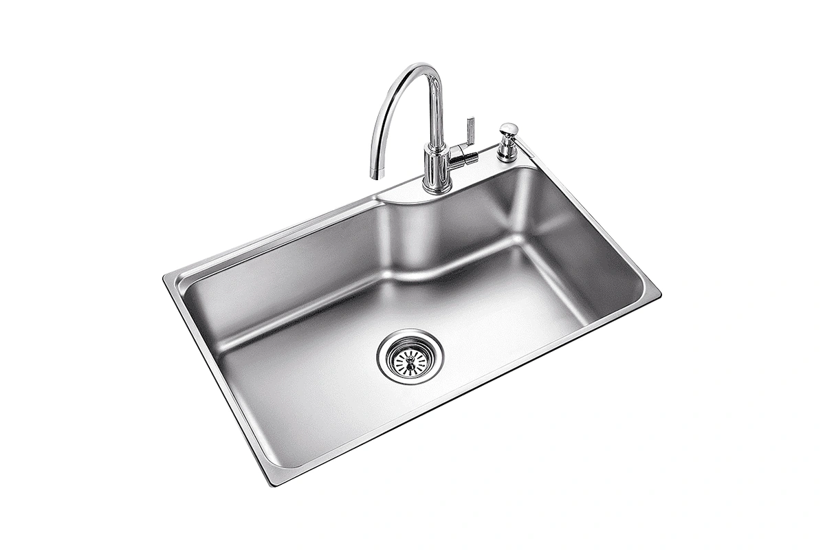 Modern single-bowl kitchen sink featuring a unique angled interior for superior drainage and a contemporary look