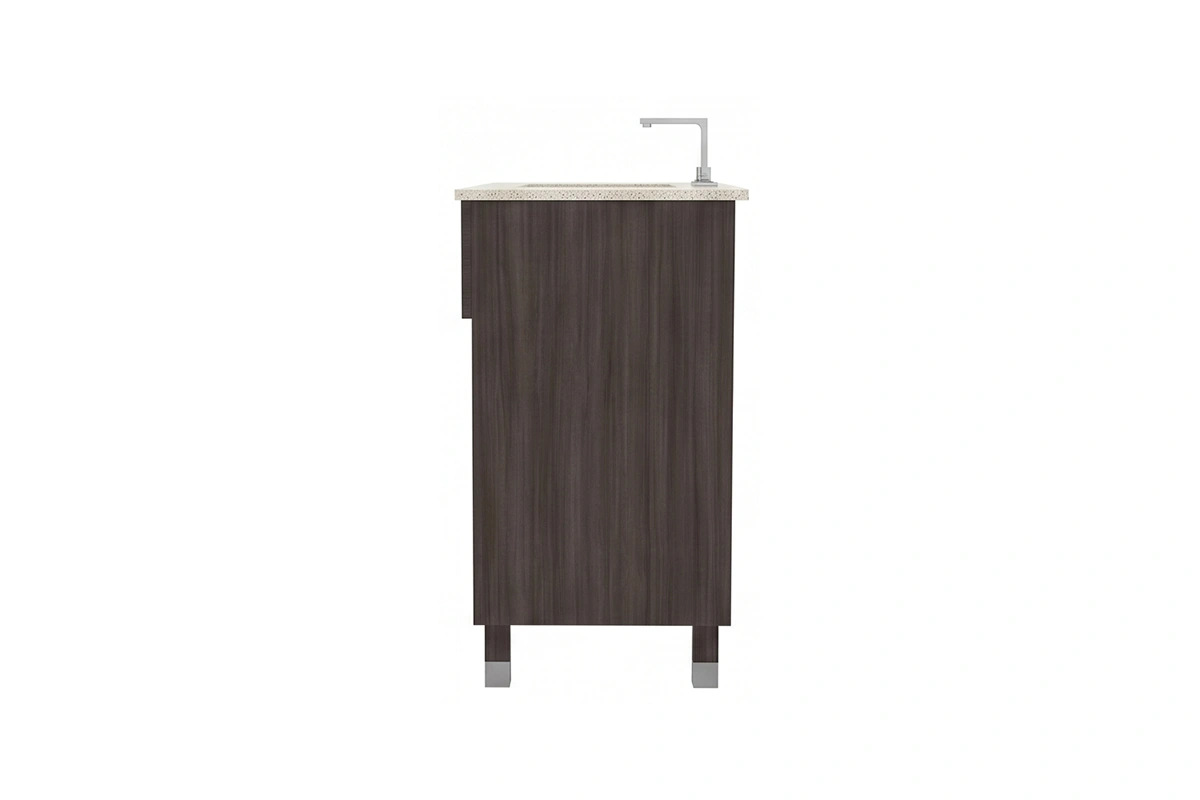 Minimalist geometric vanity station featuring a low-profile counter surface and an uninterrupted visual flow across its premium, full-coverage storage doors