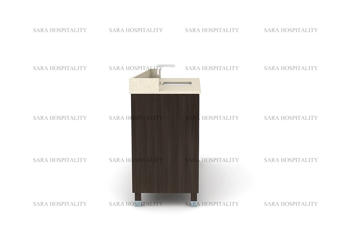 Sleek hospitality-grade central open vanity base in a professional wood finish